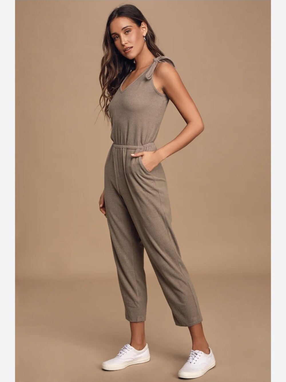 Lulu's Bellmore Taupe Sleevess Tie-Shoulder Ribbed Knit Jumpsuit Casual Large